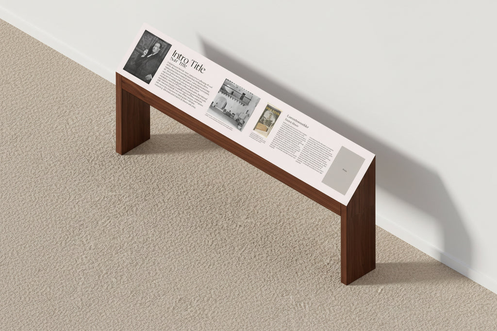 Wooden display bench with informational panels on a white background